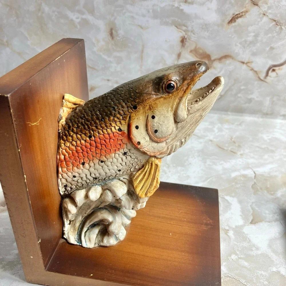 VTG Sterling Rainbow Trout Freshwater Fish Bookends Resin & Wood Rustic